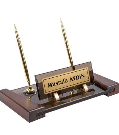 Ahşap Detaylı Bronz Kristal Set Masa İsimliği