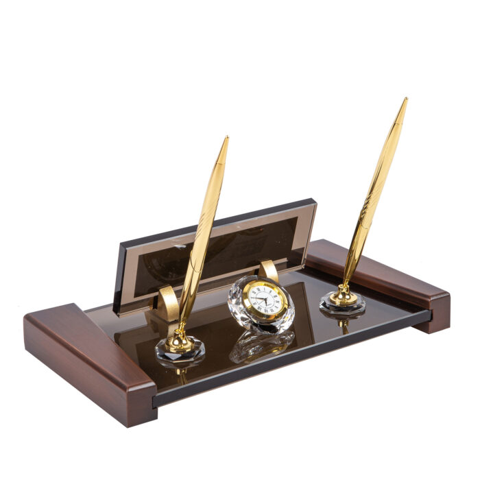 Ahşap Detaylı Bronz Kristal Set Masa İsimliği Arka