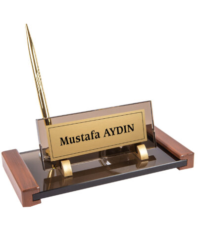 Ahşap Detaylı Saatli Bronz Kristal Masa İsimliği