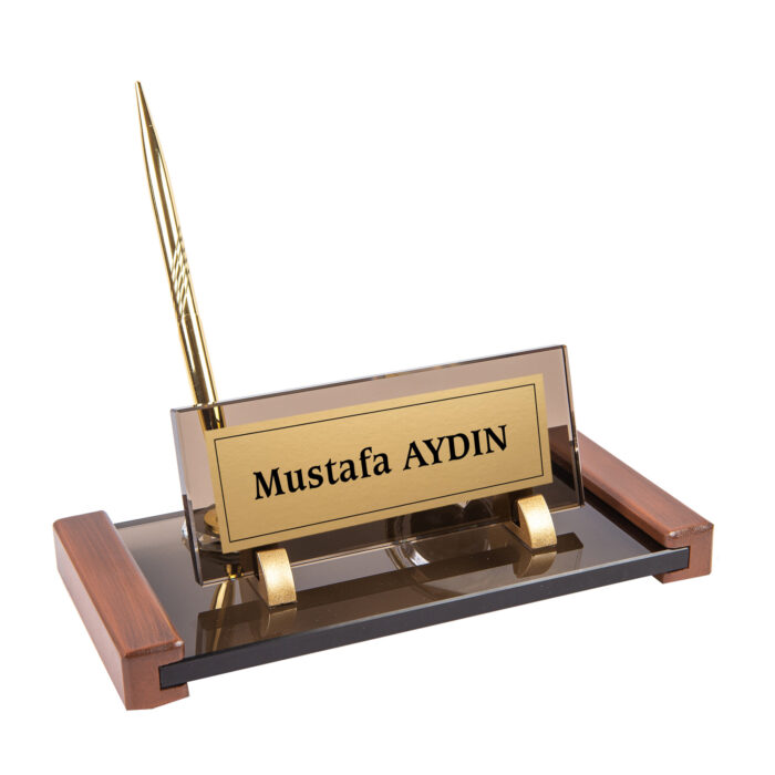 Ahşap Detaylı Saatli Bronz Kristal Masa İsimliği