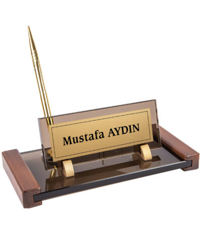 Ahşap Detaylı Kartlıklı Bronz Kristal Masa İsimliği