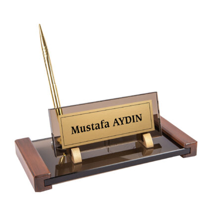 Ahşap Detaylı Kartlıklı Bronz Kristal Masa İsimliği