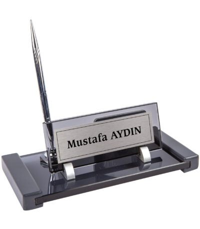 Ahşap Detaylı Kartlıklı Füme Kristal Masa İsimliği