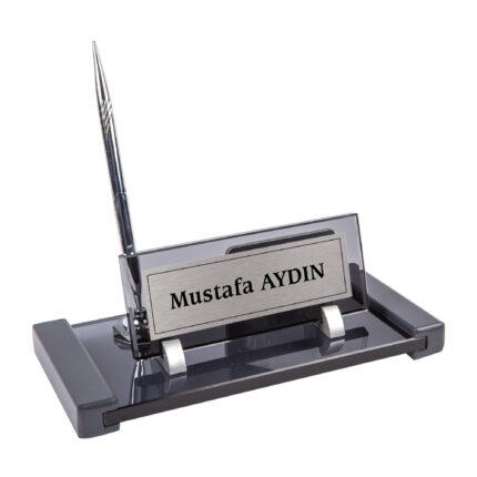 Ahşap Detaylı Kartlıklı Füme Kristal Masa İsimliği