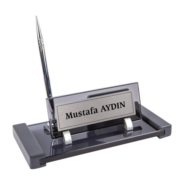 Ahşap Detaylı Kartlıklı Füme Kristal Masa İsimliği