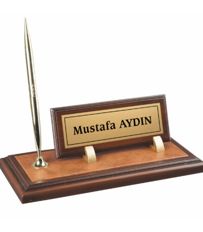 Deri Zeminli Tek Kalemli Ahşap Masa İsimliği